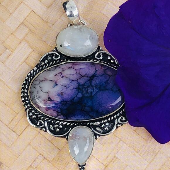 925 Sterling Purple Dendrite & Moonstone Pendant - Picture 3 of 5